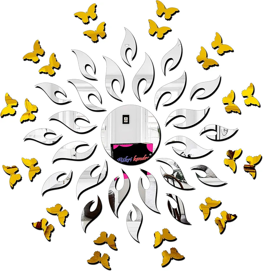 Bikri Kendra - Art BK1OLK Sun Silver with 20 Butterfly Golden - 3D Acrylic Mirror Wall Sticker