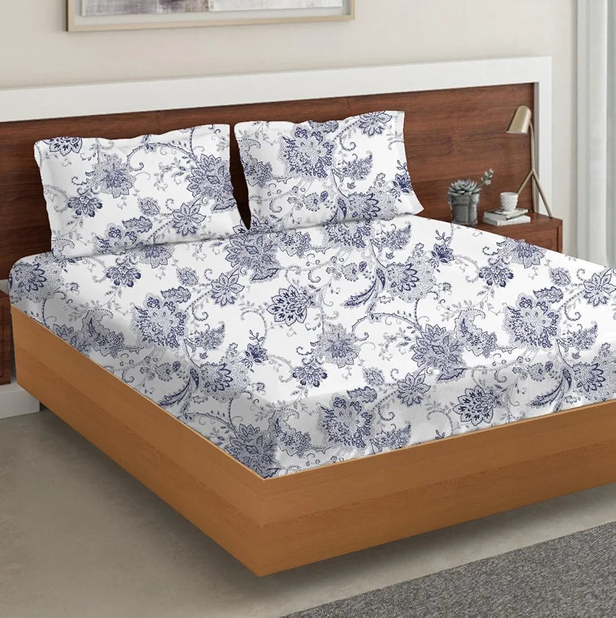 Trance Home Linen Skin Friendly 100% Cotton Printed Fitted Bedsheet for Queen Size Bed with 2 Pillow Cover - Premium 180TC 