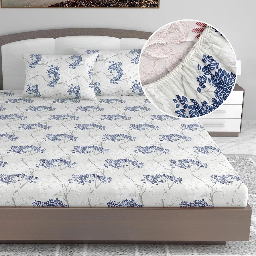 Divine Casa 144 TC Floral Print King Size Fitted Bedsheet | 100% Cotton, Skin-Friendly & Soft | 78 x 72 Inches, Blue