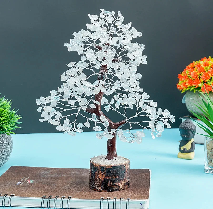 HindCraft Clear Quartz Crystal Tree Good Luck Showpiece for Home Decor Items Crystals Gemstones Bonsai Money Tree for Good Luck, Decoration Gift Item, Silver Wire, 10-12 inch