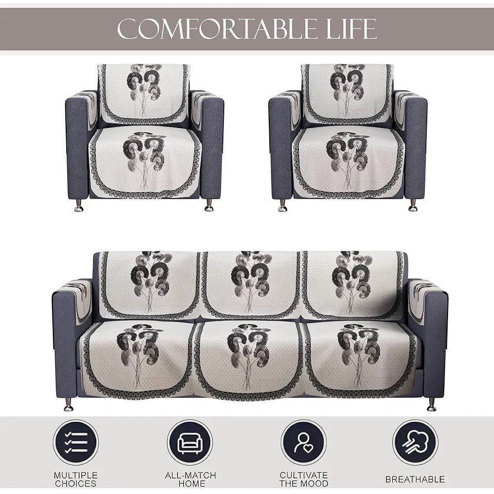 Kuber Industries Set of 16 Velvet Anti-Skid Sofa Cover 5-Seater with Arm Cover | Comfortable Slipcover Sofa Cloth & Furniture Protector for Home Decor | Digital Flower-Cream & Green