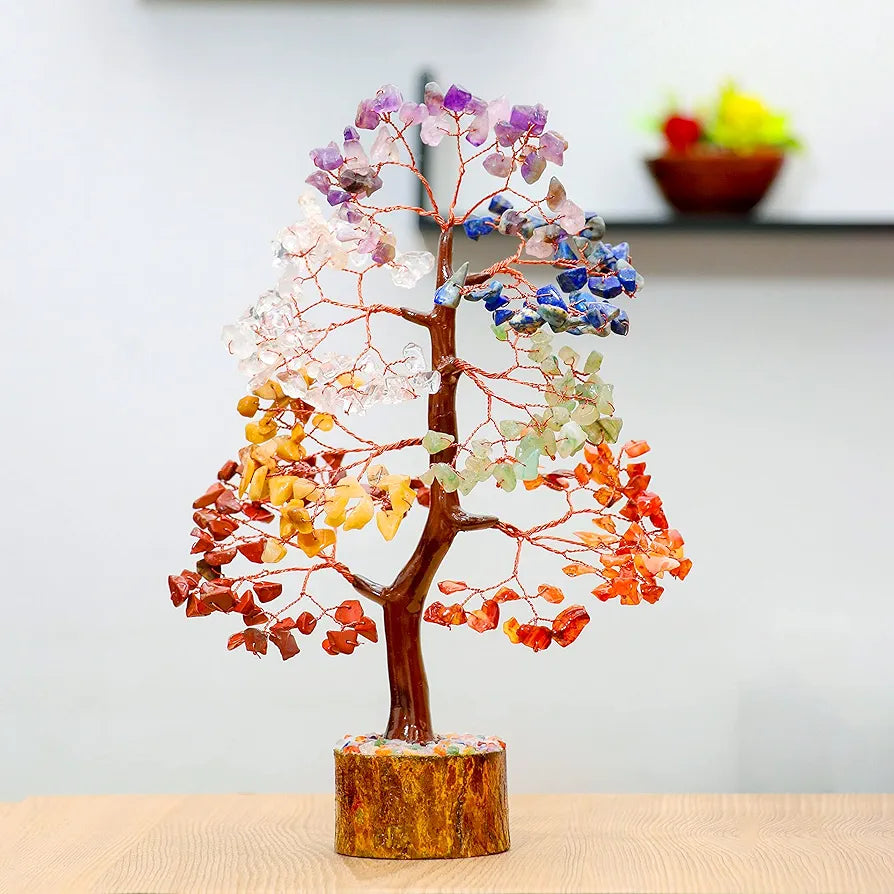 HindCraft Seven Chakra Crystal Tree Good Luck Showpiece for Home Decor Items Crystals Gemstones Bonsai Money Tree for Good Luck, Decoration Gift Item, Copper Wire, 10-12 inch