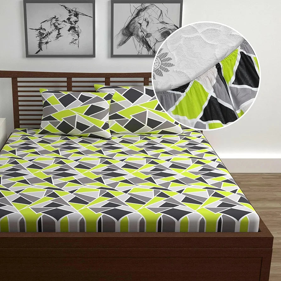 Divine Casa Bedsheet For Double Bed Elastic Fitted Cotton Printed Bed Sheets For Double Bed Set With 2 King Size Pillow Covers-144 Tc,Size 200X150 Cm,Green