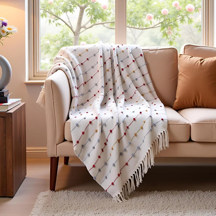 SAJAVAT HOME Hand-Knitted Pure Cotton 3 Seater Sofa Throw | Beige Multi Throw for Living Room, Bedroom, Sofa & Chair | 80x52 Inches / 204x132 Cm | Pack of 1