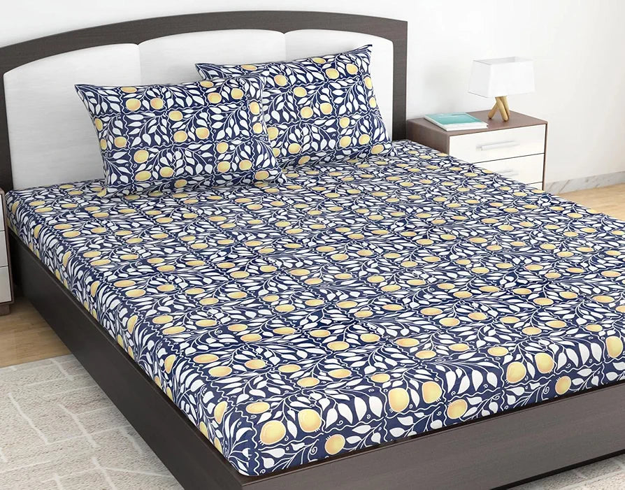 Divine Casa 100% Cotton 144 TC King Size Bedsheet with 2 Pillow Covers | 222 by 270 cm | Navy & Orange | Floral