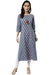 Janasya Women's Blue Cotton Block Print Straight Kurta