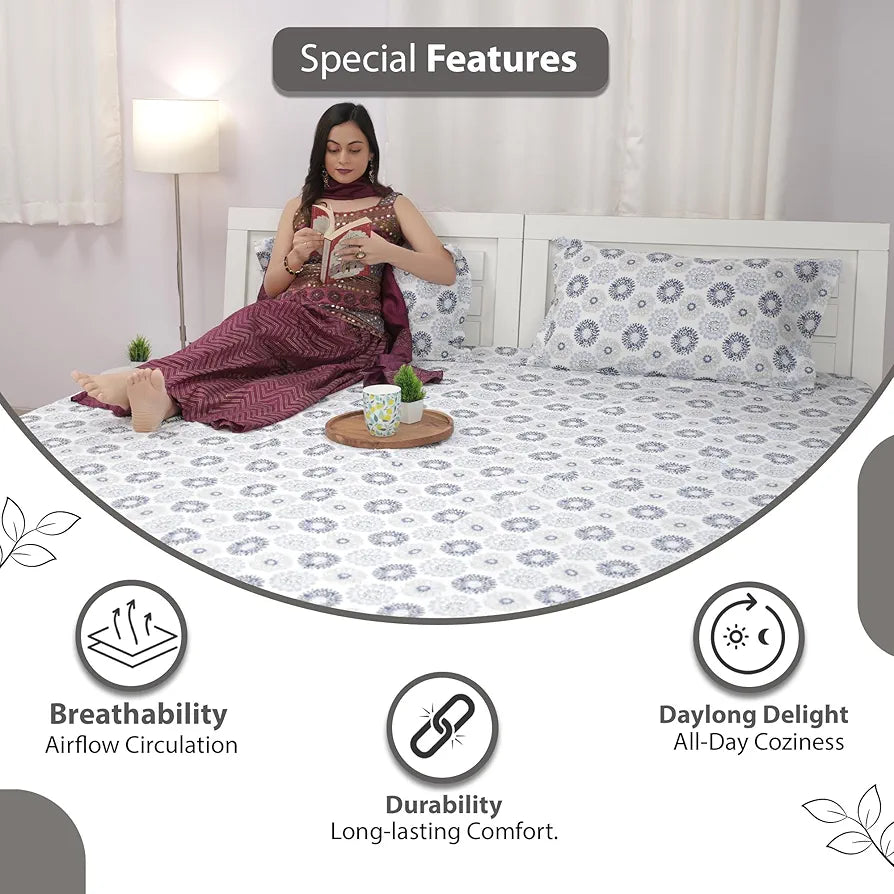Divine Casa 144 TC 100% Cotton Bedsheet for Double Bed with 2 Pillow Cover 