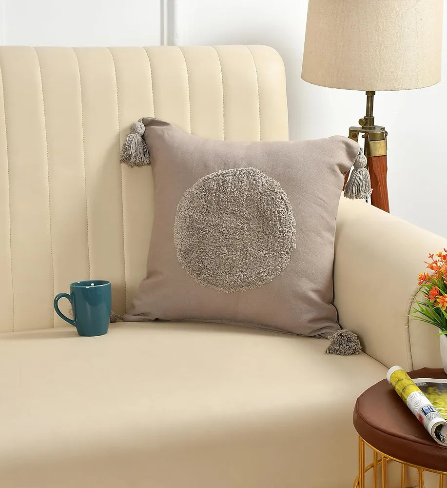 SASHAA WORLD Cotton Cushion Cover | Grey Tufted Decorative Pillow Case | Modern Boho Design for Sofa, Bedroom, or Living Room | 45x45 cm