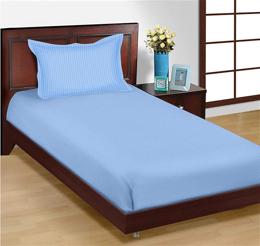 Trance Home Linen 100% Cotton 78x36 inch Single Fitted 200TC Satin Stripe Elastic Fitted Bedsheet | Single Bed Size Daily use Fitted Bedspread with 1 Pillow Covers 