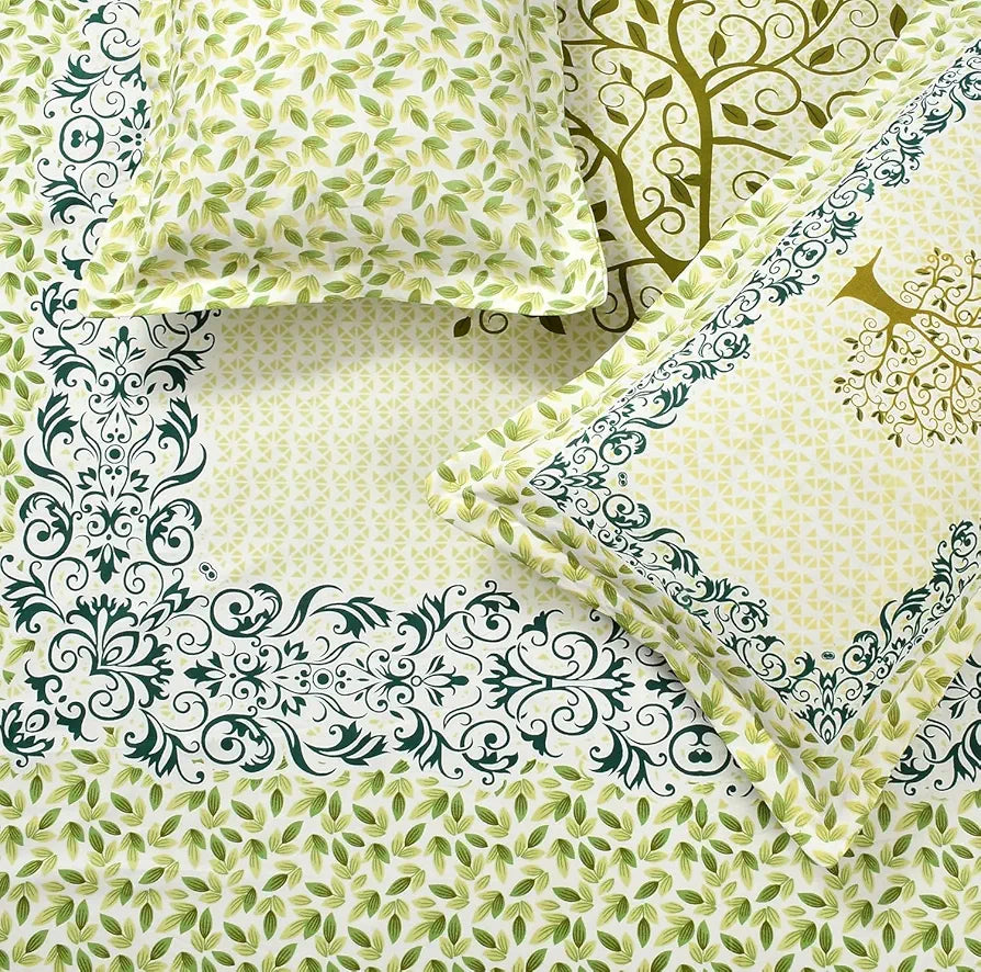 HOMEKART 100% Cotton Rajasthani Jaipuri Print Bed Sheet Traditional Floral Double Size Bedsheet with Hand Block Printed 180-200 tc with 2 Pillow Covers, White and Light Green