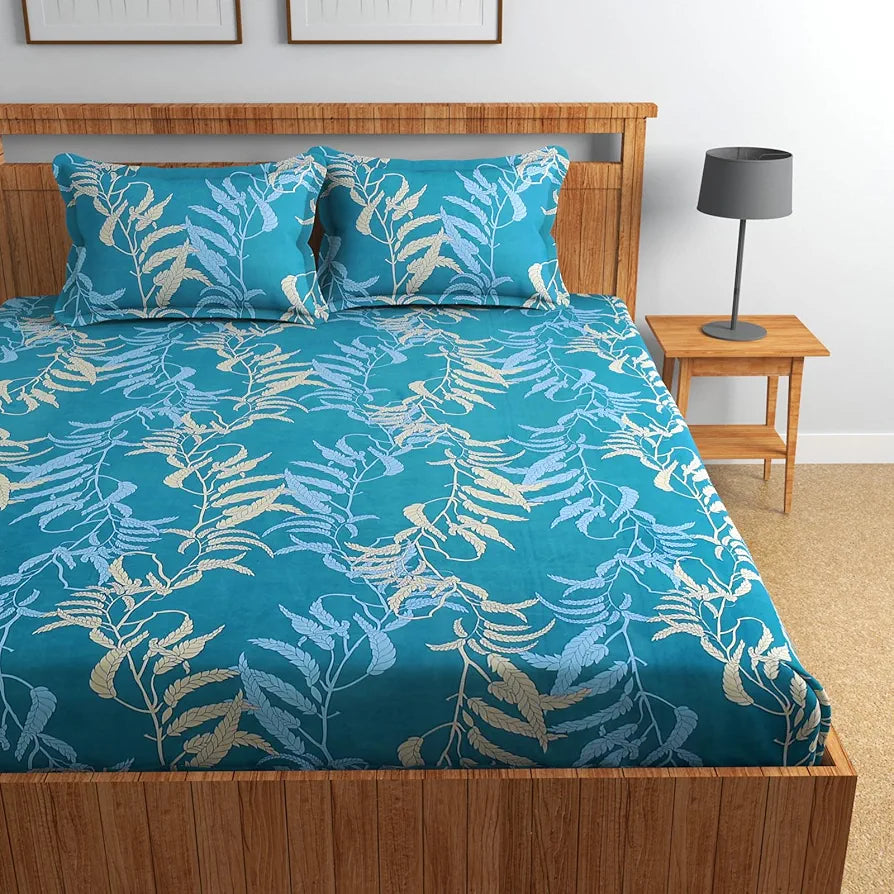 Homefab India 160 TC Glace Cotton Double BedSheet with 2 Pillow Covers -  - Aqua, Floral