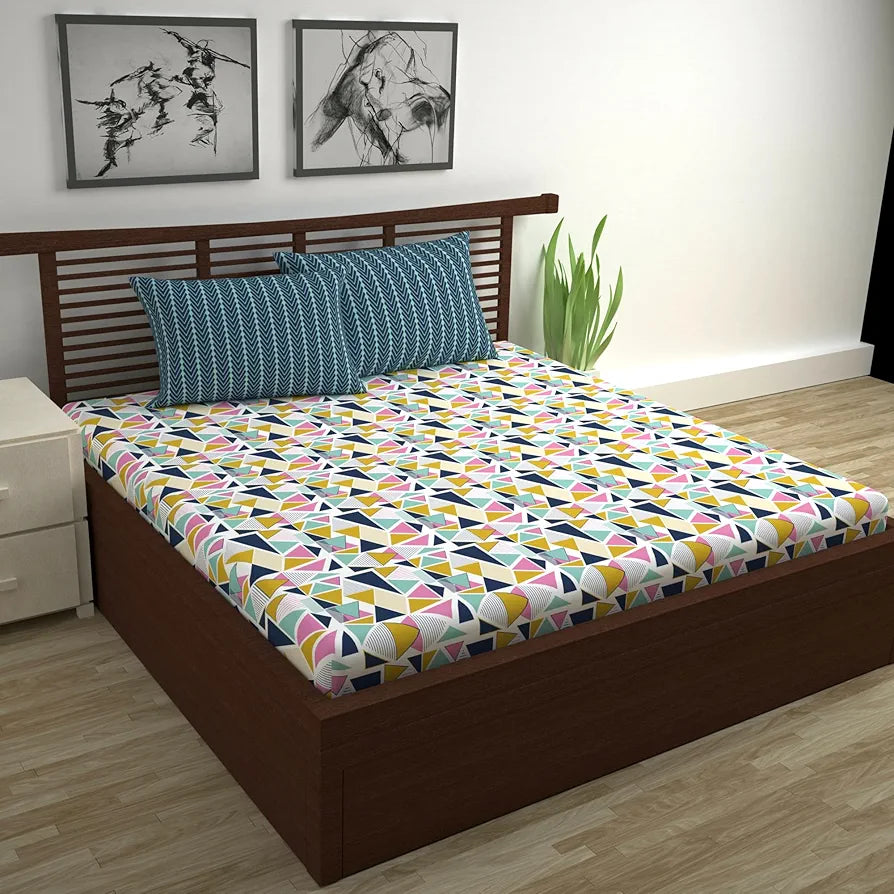 Divine Casa Double Size Bedsheet for Double Bed, 144 TC Pure Cotton Queen Size with 2 Pillow Covers | 222 by 254 cm | Geometric | Multicolor