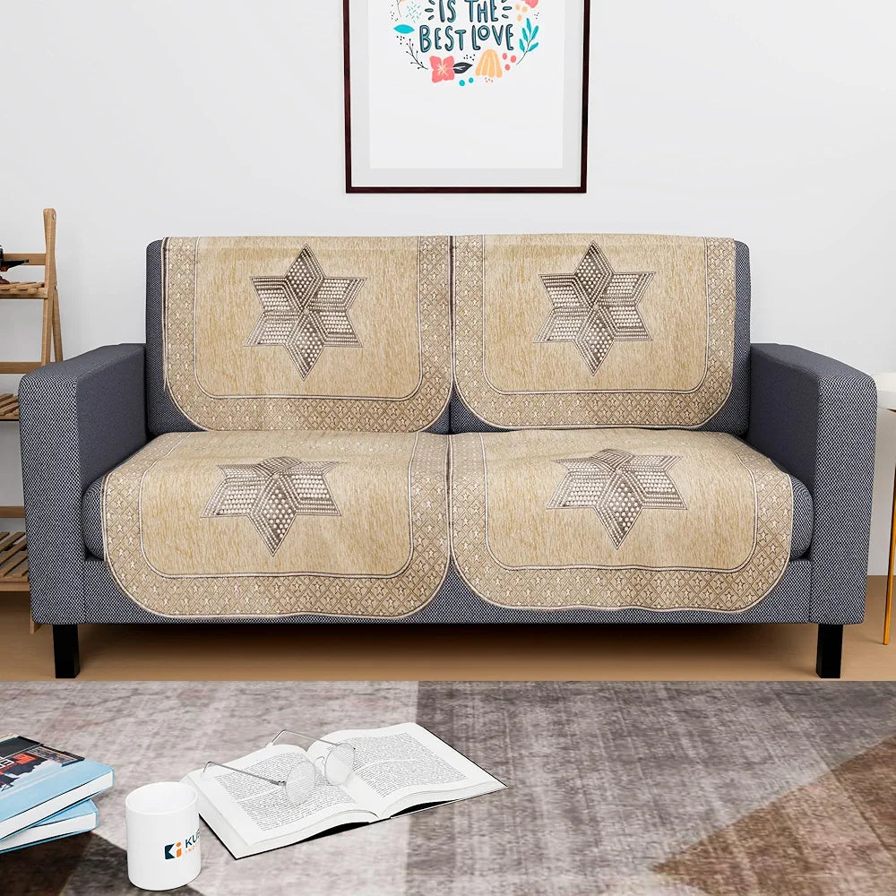 Kuber Industries Set of 4 Durable 2 Seater Sofa Cover for Living Room | Easy Machine Washable Sofe ke cover for Protection & Comfort for Home Furniture | Star Print - Cream & Brown