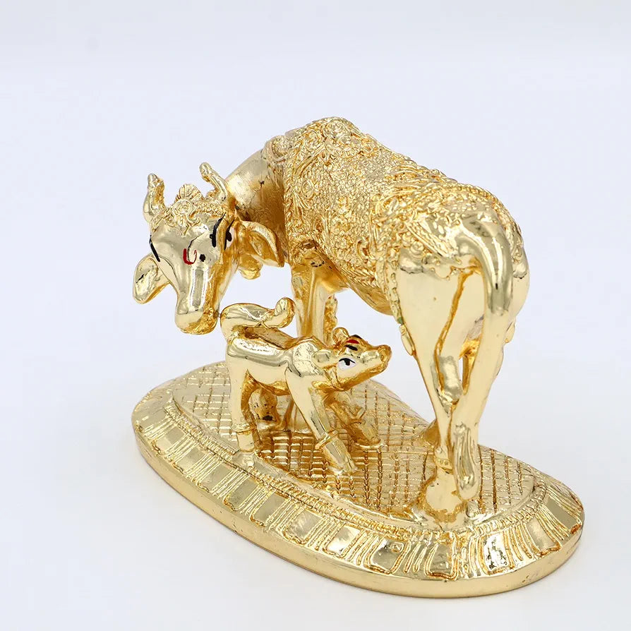 JAIPUR ACE Kamdhenu Cow with Calf Statue, Standard Size, Golden   