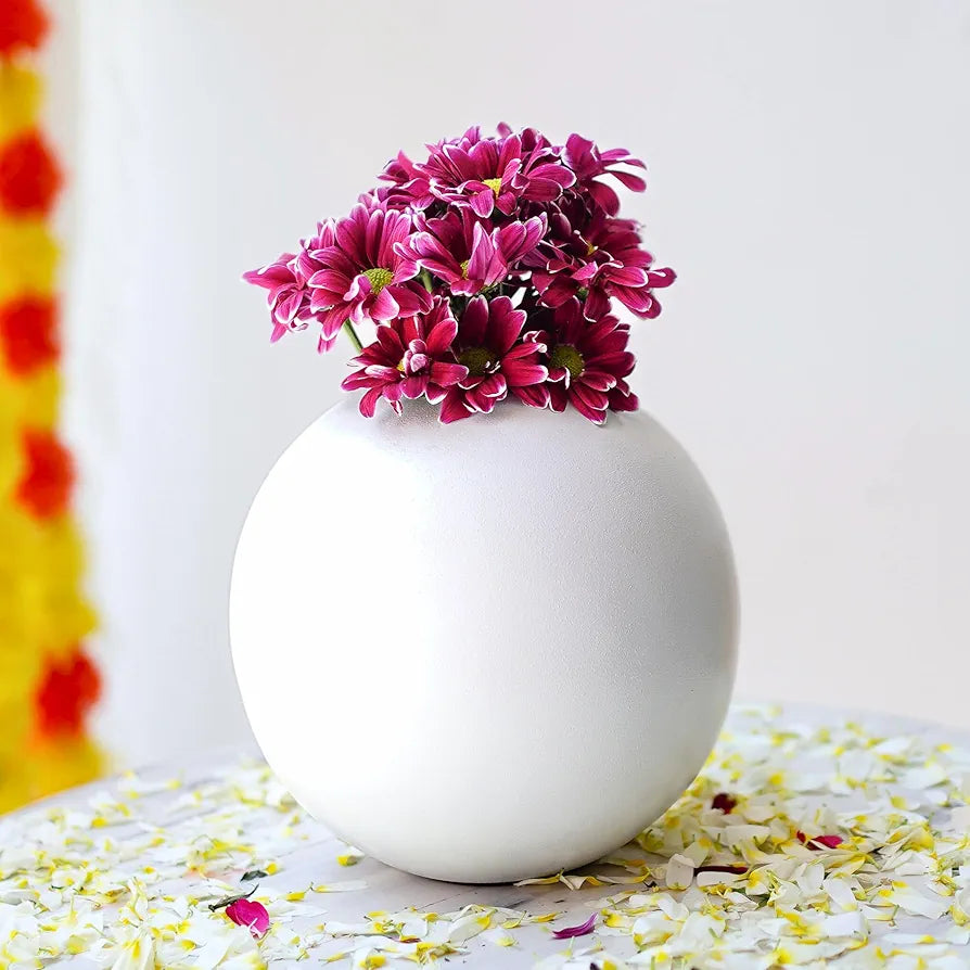 BEHOMA Metal Ball Flower Vase for Home Decor | Table Decorative Item for Bedroom Living Room Office Wedding | Best Gift for Birthday Anniversary Festival | White, Medium
