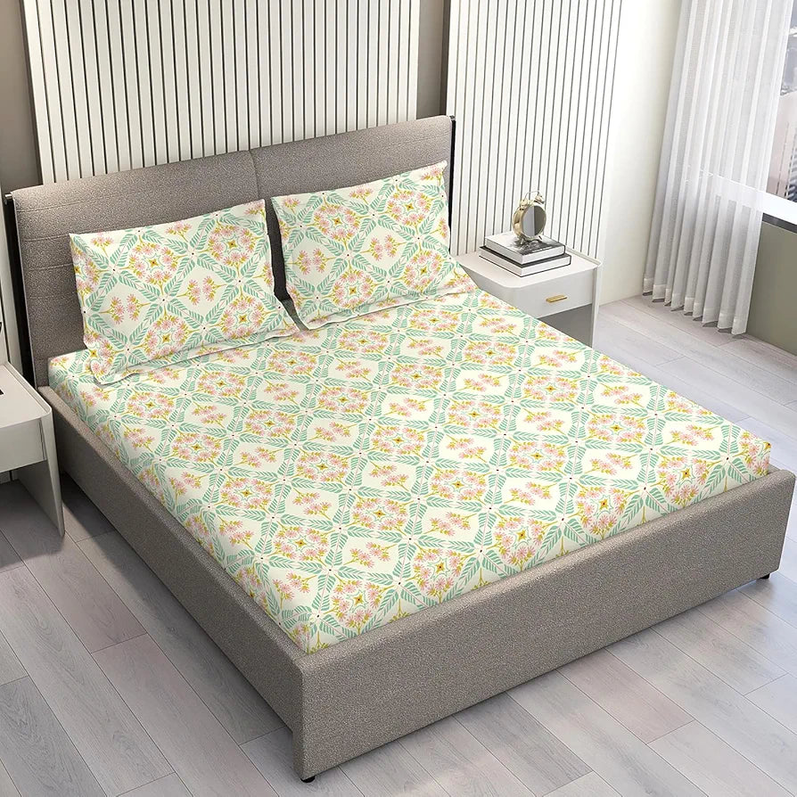 Layers Basicx 100% Cotton Bedsheet Set for All Seasons - Lightweight, Moisture Absorbent, Machine Washable & Easy to Care - Gift for Housewarming & More - 120 TC - Queen Size 