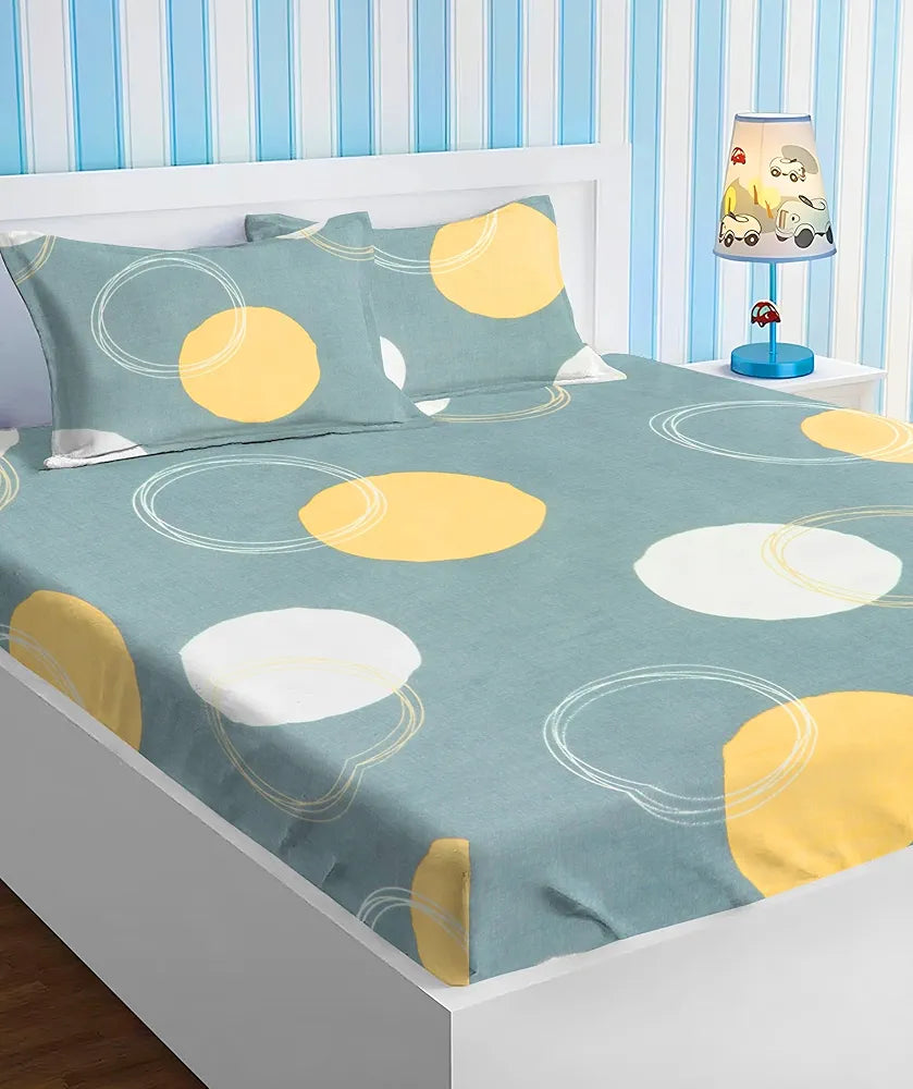 HOMEKART Premium Cotton Elastic Fitted Bedsheets with 2 King Size Pillow Covers Double Bed with All Around Elastic Supersoft Size - 72 x 78 +10 inches Cricle Printed Grey & White 200 tc - 220 tc