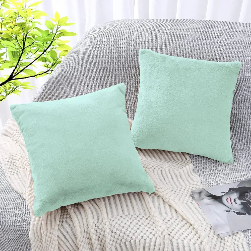 Luxe Home Cushion Cover 16 inch x 16 inch Duble Side Rabbit Fur Plain Design Covers Set of 2 for Sofa, Bedroom, livingroom 