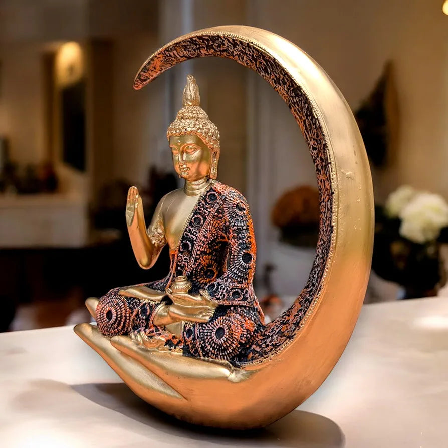 NEELAYA Antique Meditating Moon Buddha Showpiece | Polyresin Statue for Home Decor, Living Room, Office | Housewarming, Gifting 