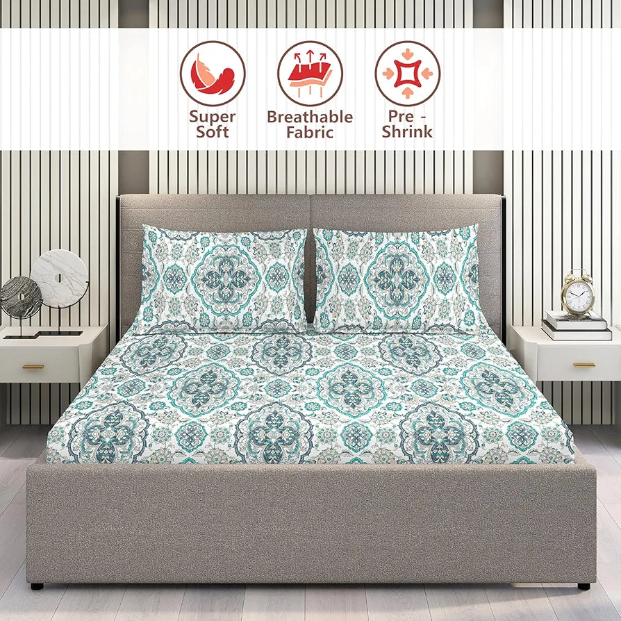 Layers Illuminating Homes 100% Cotton Bedsheet Set for All Seasons - Lightweight, Moisture Absorbent, Machine Washable & Easy to Care - 140 TC - Queen Size 