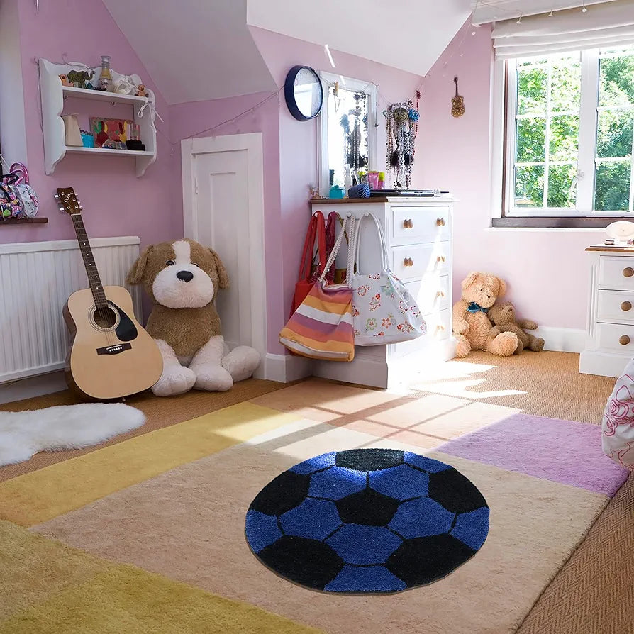 THE HOME TALK Football Design Kids Cotton Round Bathmats | Anti-Skid | Rug for Bathroom,Bedroom,Nursery School | Soft Bath Rug | 60 CM Round | Blue