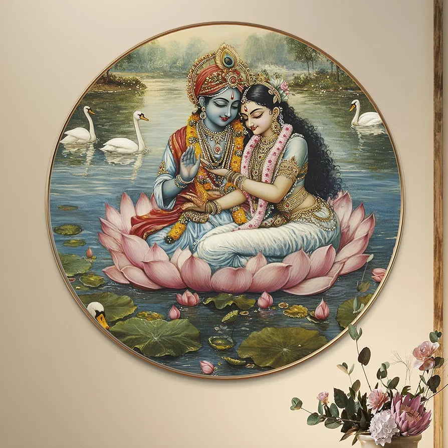 Livin'luxe paintings Divine Radha Krishna on Lotus Wall Painting with Frame - Sparkle Glossy Round Golden Framed Large Painting for Office, Living Room, Bedroom, Home Wall Decoration