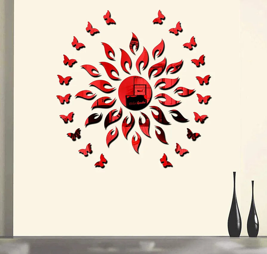 Bikri Kendra Sun red with 20 red Butterfly Wall Mirror Stickers 3D Acrylic Sticker