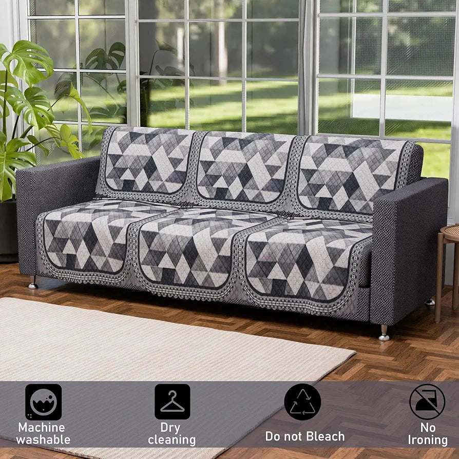 Kuber Industries Set of 10 Anti-Skid Sofa Cover 5-Seater | Comfortable Slipcover Sofa Cloth & Furniture Protector for Home Decor | Triangular Ultra Sonic BMW-White Grey