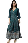 Janasya Women's Teal Crepe Tribal Print Anarkali Kurta