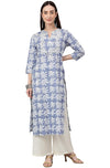 Janasya Women's Dusty Blue Cotton Batik Print Straight Kurta - S