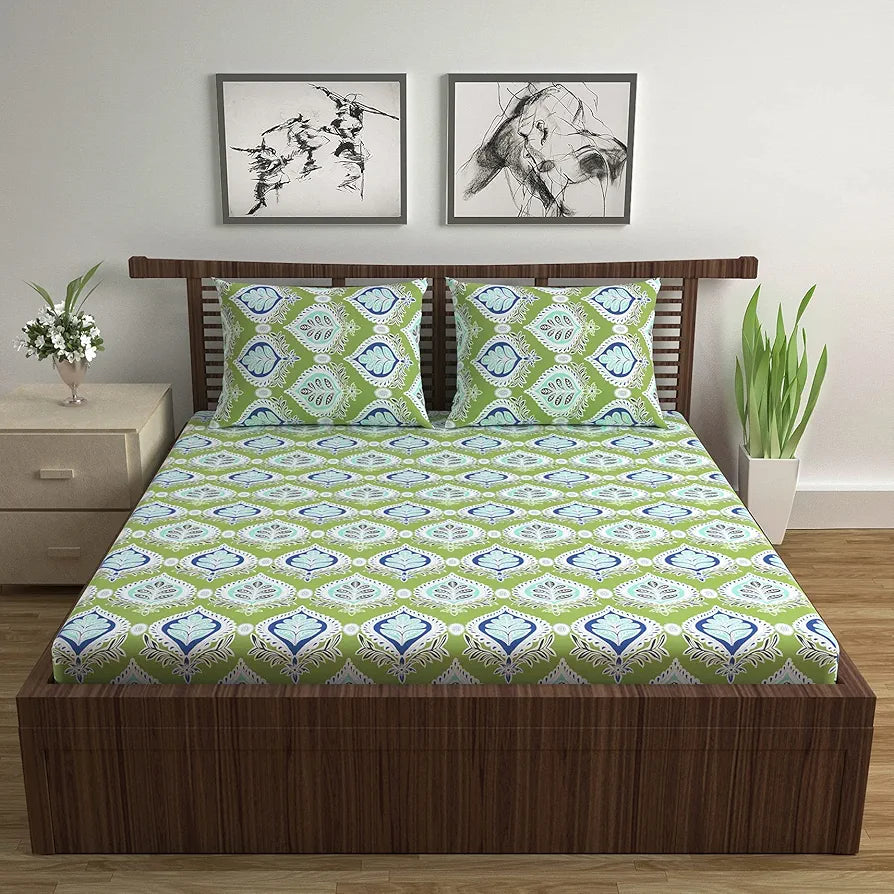 Divine Casa Double Size Bedsheet for Double Bed, 144 TC Pure Cotton Queen Size with 2 Pillow Covers | 222 by 254 cm | Floral | Palm Green
