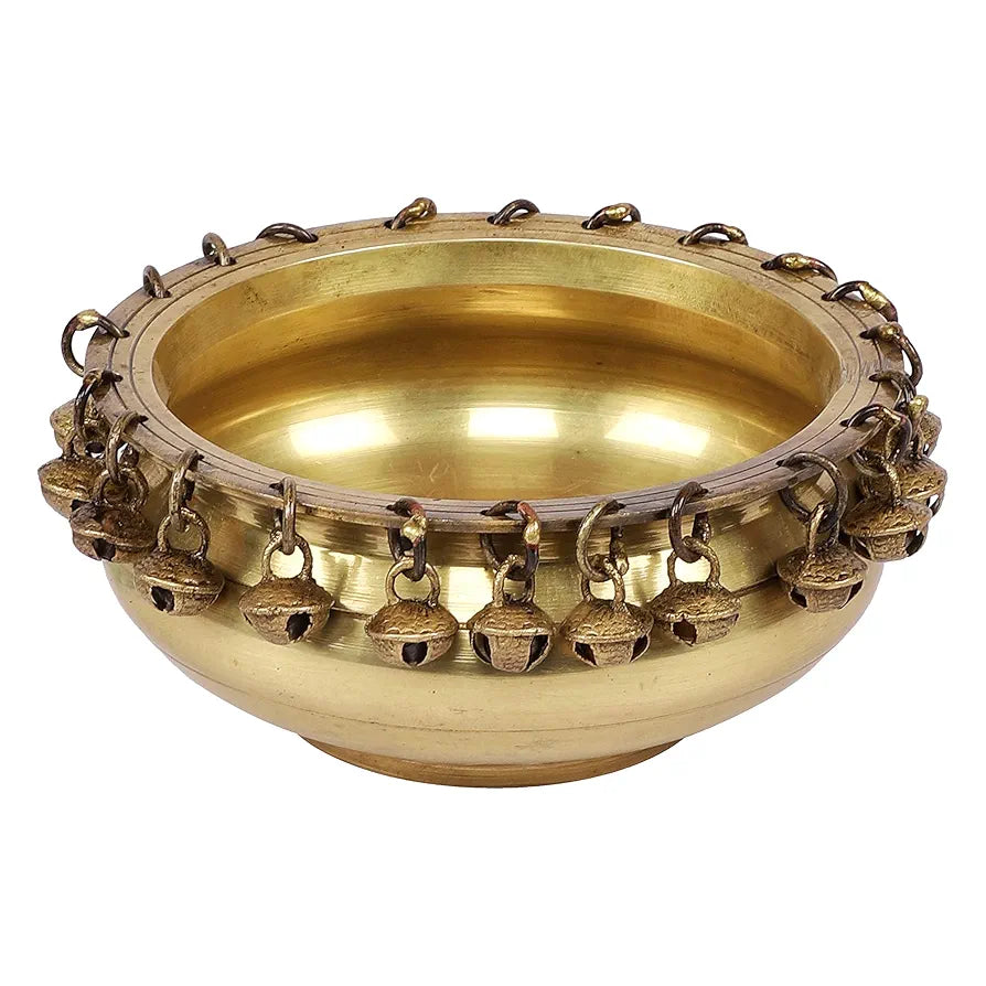 Two Moustaches Ethnic Traditional 6 Inches Brass Urli Bowl with Bells Showpiece, Brass Urli for Decor, Housewarming Gifts, Standard, Pack of 1