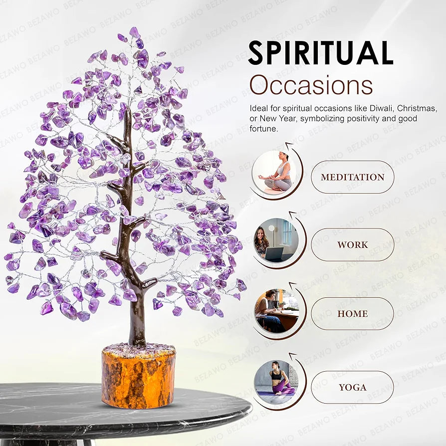 BEZAVO Amethyst Gemstone Crystal Tree – Good Luck Showpiece for Home Decor | Bonsai Money Tree for Prosperity & Decoration | Crystal & Gemstone Gift Item – 10-12 Inch 