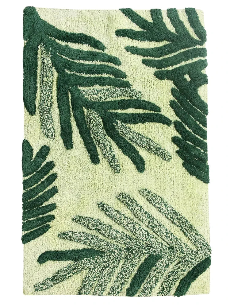 SASHAA WORLD Cotton Leaf Patterned Bathmat | Soft, Absorbent & Cozy | Anti-Skid Latex Backing for Stability | Perfect for Bathroom, Bedroom, Hotels, or Spa | 50x80 cm, Green