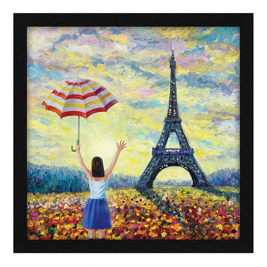 ArtX Paper Eiffel Tower Girl Framed Wall Art Painting, Multicolor, Abstract, 13 X 13 inches, Set of 1