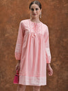 Vishudh Tie-Up Neck Long Sleeves Cotton Embroidered Midi A-Line Dress