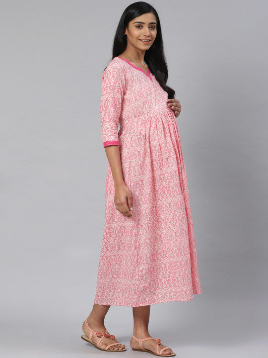 anayna Women Pink Printed Pure Cotton Maternity A-Line Dress