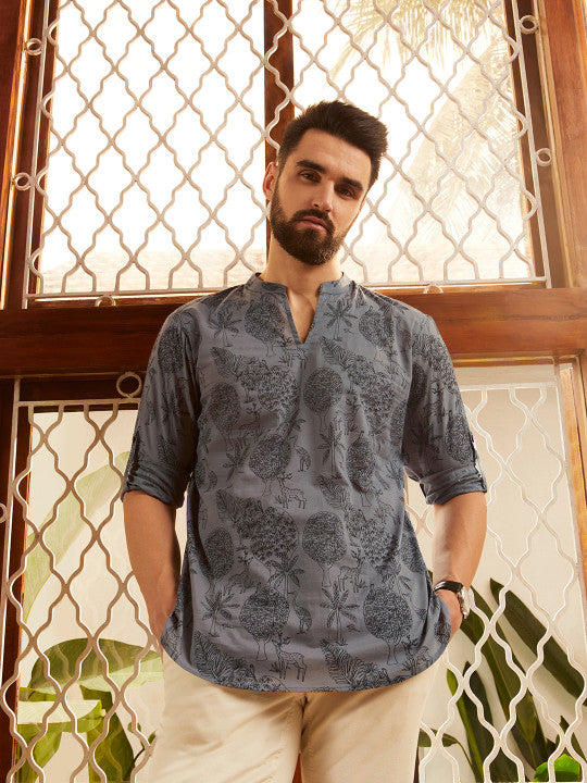 Men Grey Quirky Printed Cotton Short Kurta