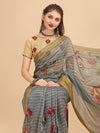 Sangria Grey & Maroon Floral Pure Linen Saree