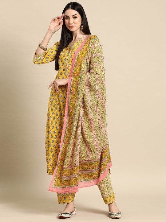 Women Floral Printed Pure Cotton Kurta with Salwar & With Dupatta