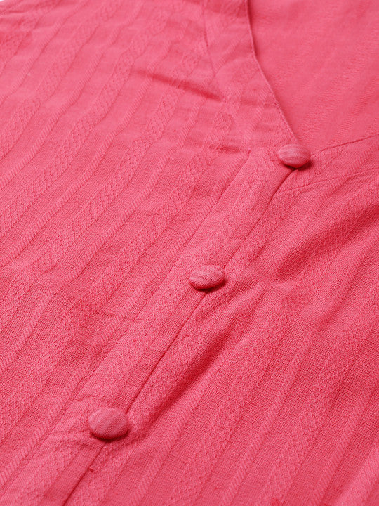 anayna Women Pink Self Striped Straight Kurta