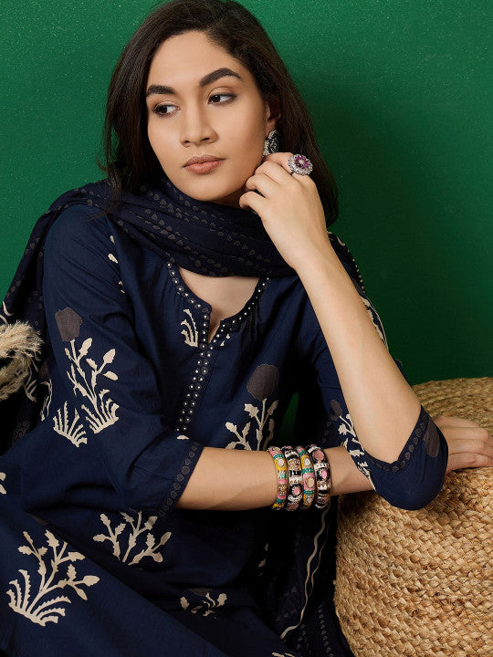 Sangria Notch Neck Printed Pure Cotton Kurta With Trousers & Dupatta