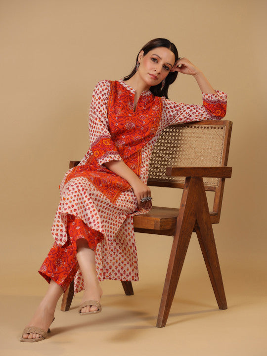 anayna Floral Printed Mandarin Collar Straight Pure Cotton Kurta With Trousers
