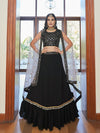 Odette Classy Black Mirror Work Semi Stitched Lehenga with Blouse & Dupatta (Set of 3)