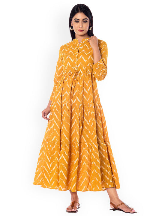 anayna Women Yellow Printed Fit and Flare Dress