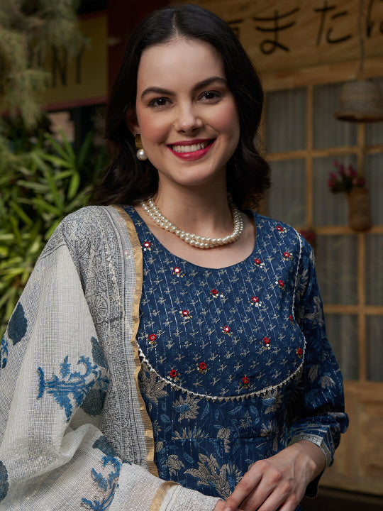 Sangria Blue Printed Gotta Patti Pure Cotton Empire A-Line Kurta with Trousers & Dupatta