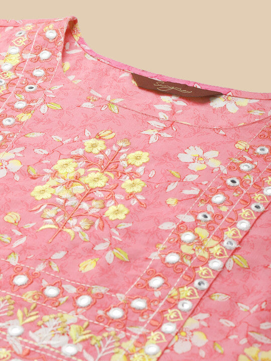 Sangria Floral Printed Pure-Cotton Straight Kurta With Trouser & Dupatta