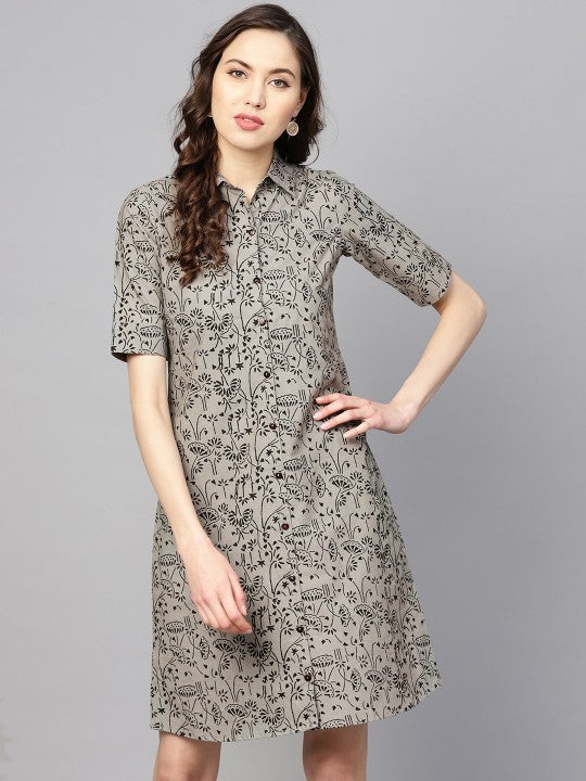 anayna Women Grey & Black Printed Shirt Dress