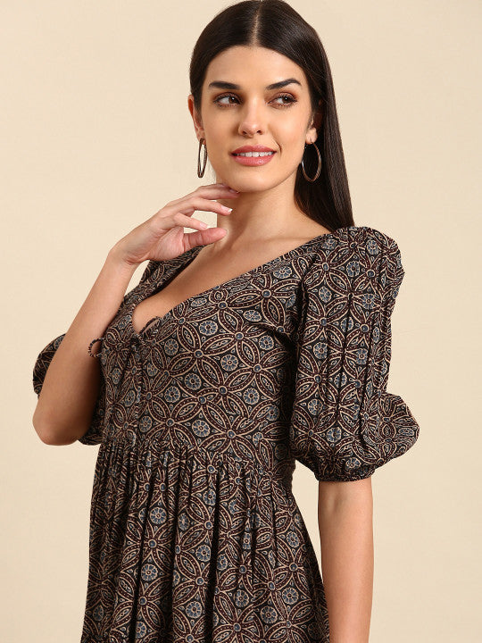 anayna Black & Brown Floral Tie-Up Neck Ethnic Cotton Maxi Ethnic Dress