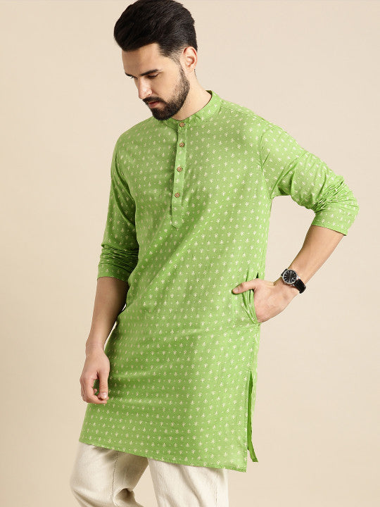 Anouk Men Green & Off White Ethnic Motifs Printed Kurta